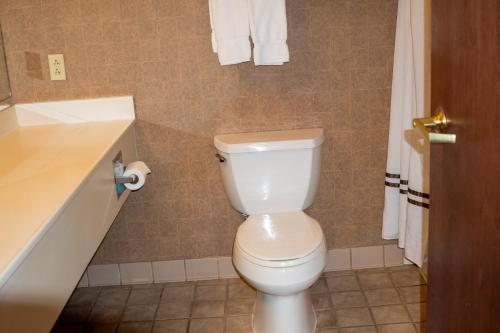 a bathroom with a white toilet and a sink at Hotel Topeka at City Center in Topeka