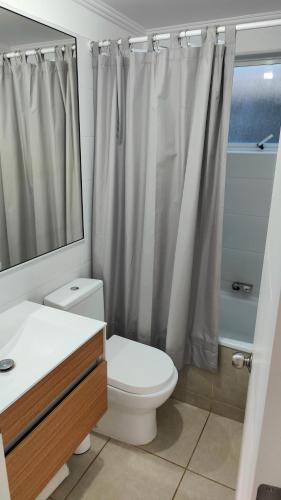 y baño con aseo y cortina de ducha. en Casa en sector Las Mariposas, en Temuco