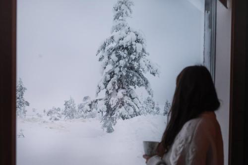 a woman looking out a window at a snow covered tree at Tupasvilla in Saariselka