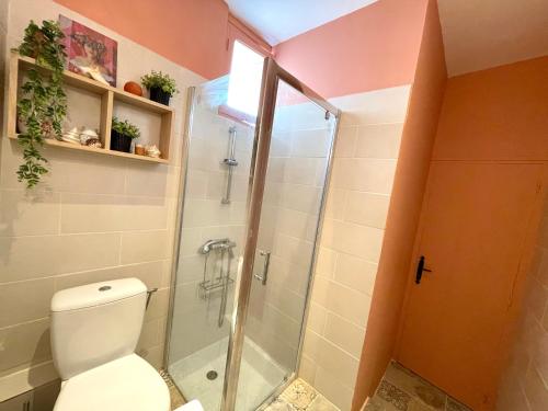 een badkamer met een toilet en een glazen douche bij Maison Consulaire Chambre d hote de charme in Valros