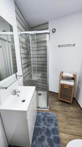 a bathroom with a shower and a white sink at Casa Aqueduto in Lisbon