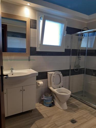 y baño con aseo, lavabo y ducha. en Christina Apartment en Ágios Konstantínos
