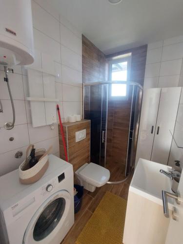 a bathroom with a washing machine and a toilet at Apartman Andrea2 in Vrnjci