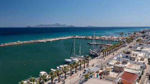 an aerial view of a harbor with boats in the water at Casa Lemonia - 110 sqm Maisonette in Kardamaina