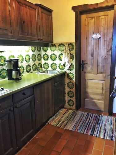 a kitchen with wooden cabinets and a sink and a door at Almapartment in Sonnleitn am Nassfeld auf 1484m in Hermagor