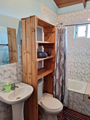 a bathroom with a toilet and a sink and a tub at Cabañas puna poho in Hanga Roa