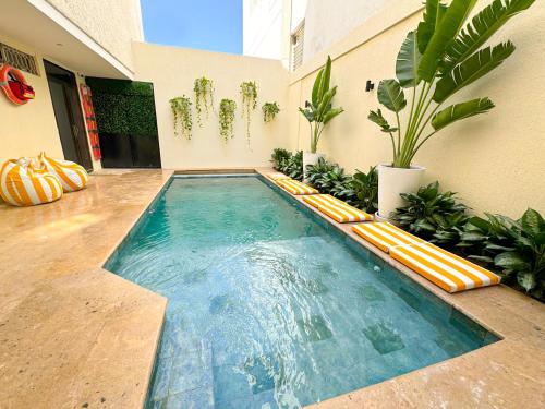 a swimming pool in the middle of a room with plants at Hotel Valladolid in Santa Marta