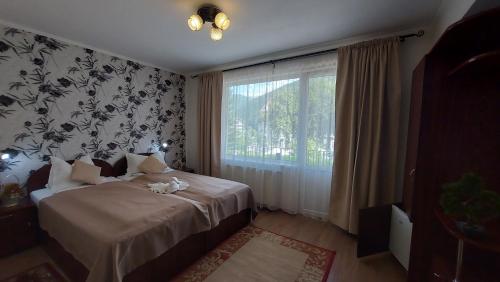 a bedroom with a bed and a large window at Vila Ana-Maria in Sinaia