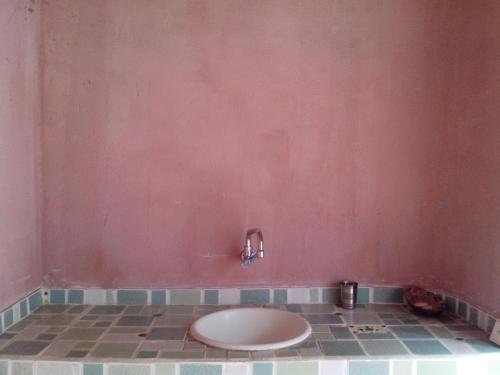 a toilet in a bathroom with a pink wall at Exclusive EcoHouse & SeaView in Palomino