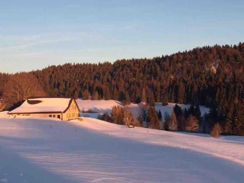 une maison dans un champ avec de la neige au sol dans l'établissement Maison de charme Haut-Jurassienne, à Saint-Claude