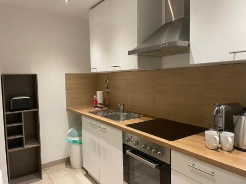 een keuken met een wastafel en een fornuis bij Comfort Apartment in Keulen