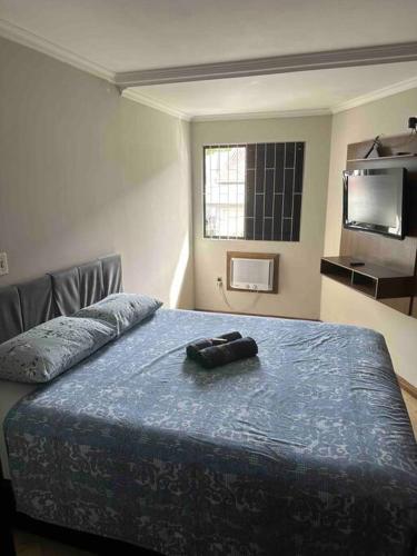 Un dormitorio con una cama con un objeto negro. en Melhor localização de Floripa. en Florianópolis