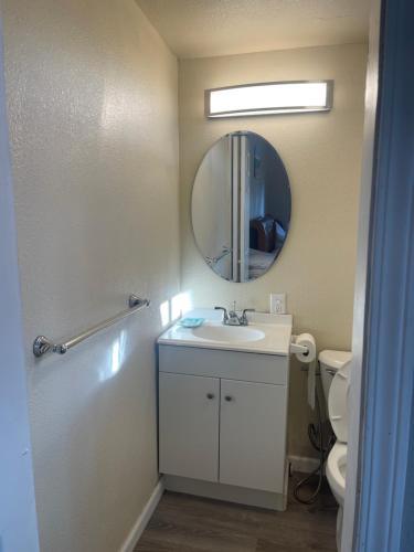 a bathroom with a sink and a mirror at The view in kau in Hawaiian Ocean View
