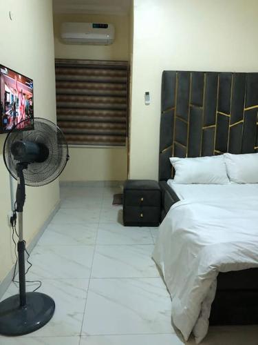 a bedroom with a bed with a fan and a television at Furnished 2bedroom Apt in Wuye in Wupa