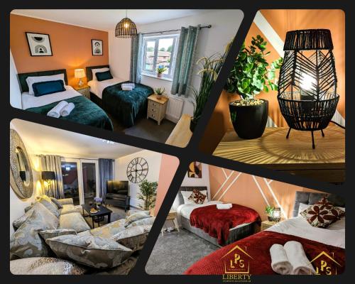 6 Guests * 4 Bedroom * Free Wi-Fi *Huntingdon في هنتينجتون: ملصق بأربع صور لغرفة فندق