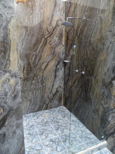 a bathroom with a shower with a glass door at Hotel Palmas De Alcalá in Playa Verde