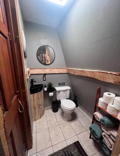 a small bathroom with a toilet and a mirror at Cozy Cabin in Florissant