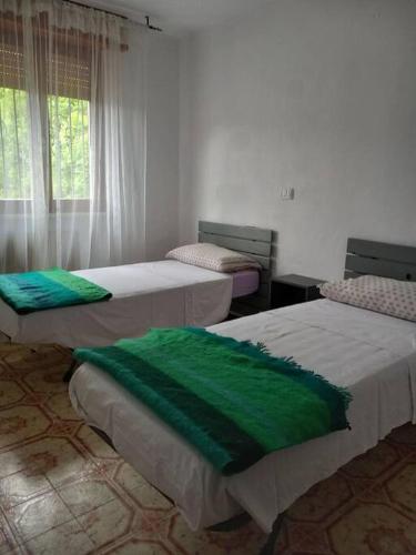 um quarto com três camas com cobertores verdes em Casa vacanza Sunflower em Ponte Caffaro