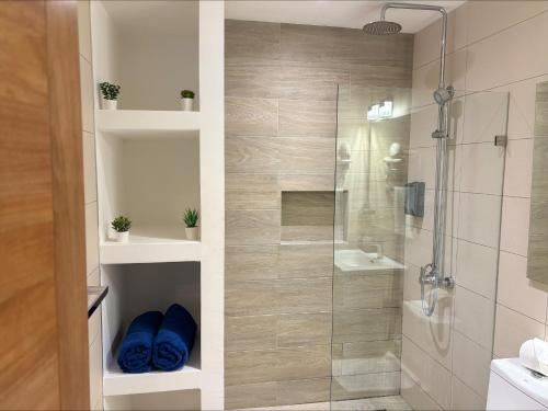 a bathroom with a shower with blue pillows at Penthouse Paradise with Jacuzzi in Cap Cana in Punta Cana