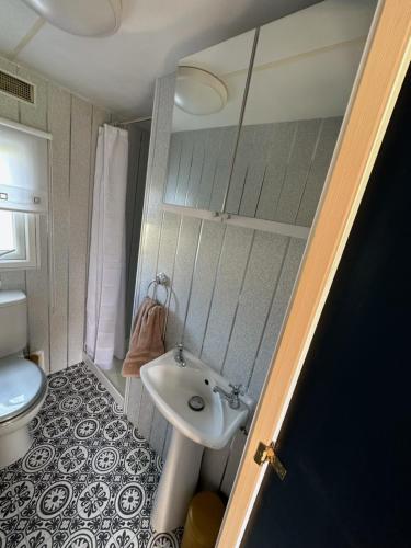 un piccolo bagno con lavandino e servizi igienici di Tracey’s Hideaway - with hot tub & amazing views a Llanasa