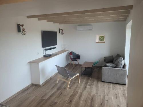 a living room with a couch and a tv at Gite blanche neige au pied du vercors in Hostun