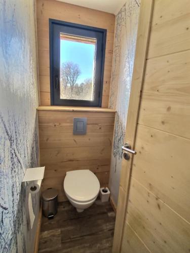 a small bathroom with a toilet and a window at Chalet deS'AMY et sa terrasse pour 8/10 personnes in Font Romeu Odeillo Via