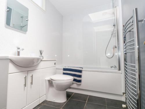 uma casa de banho com um WC, um lavatório e um chuveiro em Saddlers Cottage em Weymouth