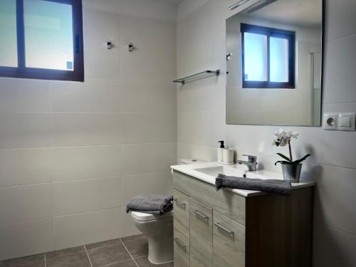 uma casa de banho com um lavatório, um WC e um espelho. em Villa tegueste em Tegueste