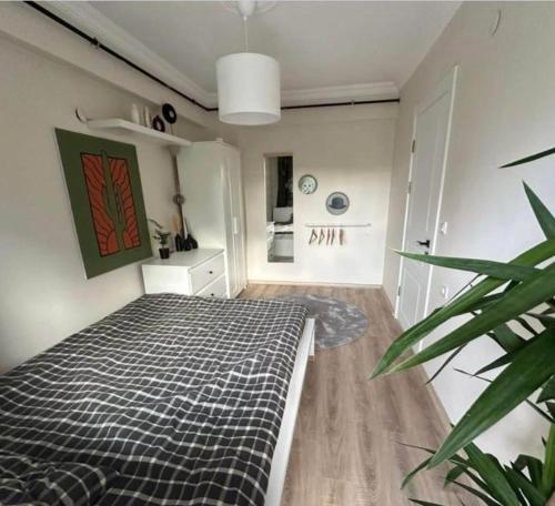 - une chambre avec un lit et une plante dans l'établissement Nalyapan Apartmanı, à Konak
