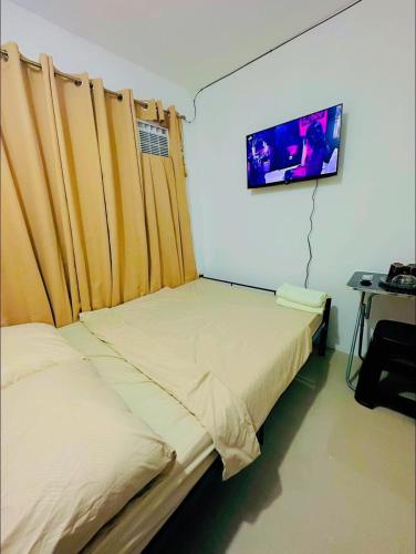 een slaapkamer met een bed en een tv aan de muur bij Bachelorette Rental in Ormoc