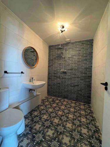 a bathroom with a toilet and a sink and a shower at Moig Lodge - 8 Double Bedroom Barn Conversion in Limerick