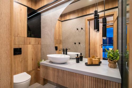 a bathroom with a sink and a toilet at Apartament pod Górskim Niebem by Apart Concept Podhale in Kościelisko