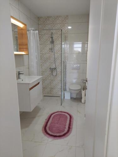 a bathroom with a shower and a toilet and a sink at Apartmani Halilčević in Dubrave Gornje
