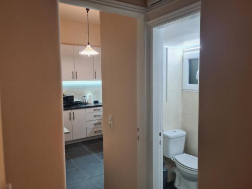 La salle de bains est pourvue de toilettes et d'un lavabo. dans l'établissement Comfortable Apartment in Athens Kallithea, à Athènes
