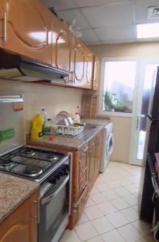 a kitchen with a stove and a dishwasher at Studio bedroom flats in Dubai