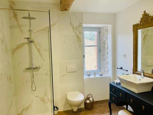 une salle de bain avec une douche, des toilettes et un lavabo dans l'établissement La Belle étape à Carcassonne, à Carcassonne