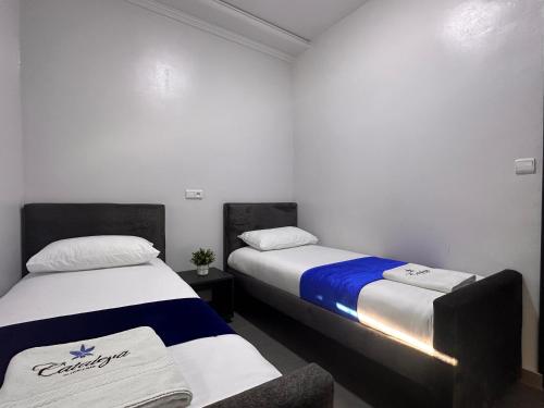 a room with two beds and a chair in it at Hotel Cataleya Al-Hoceima in Al Hoceïma
