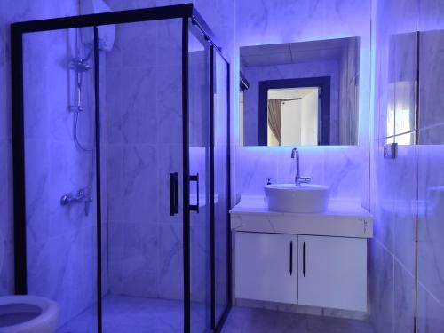 a bathroom with a sink and a shower and a toilet at Hasankeyf Hasbahçe Otel in Hasankeyif