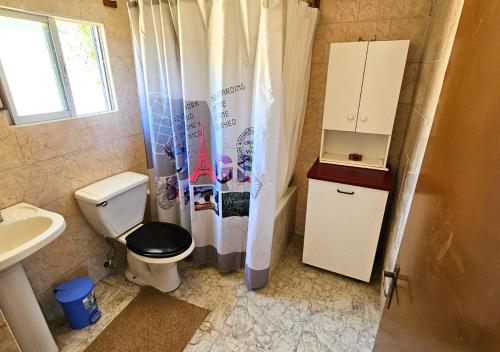 a bathroom with a toilet and a shower curtain at El Sauce in Curacaví