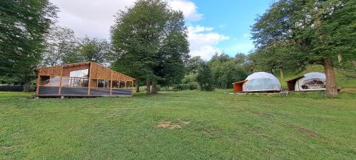 a couple of tents in a field with trees at Cabaña y Domos El Pescador Coyhaique in El Blanco