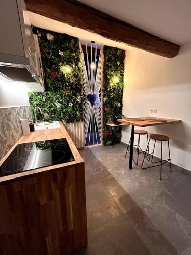 une cuisine avec un comptoir et une table avec des tabourets dans l'établissement L’arène des plaisirs - love room, à Nîmes
