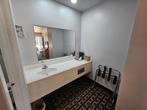 een badkamer met een wastafel en een grote spiegel bij TRAVEL INN in Brandon