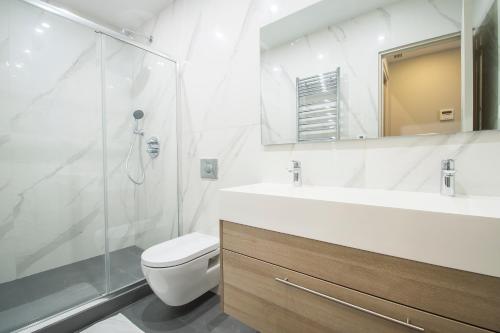 une salle de bain avec toilettes, lavabo et douche dans l'établissement Cosy home - Haut marais, à Paris