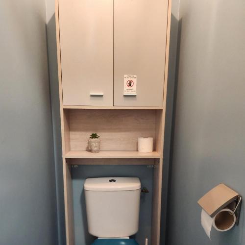 Elle comprend une petite salle de bains pourvue de toilettes et d'une armoire. dans l'établissement Appartement proche Disneyland, Val d'Europe, Paris #2, à Serris