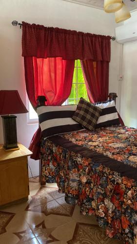 a bedroom with a bed with a red curtain and a window at Cool Breeze Suites in Union Island