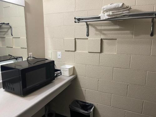 a microwave sitting on a counter in a bathroom at Safari Motel in Nephi