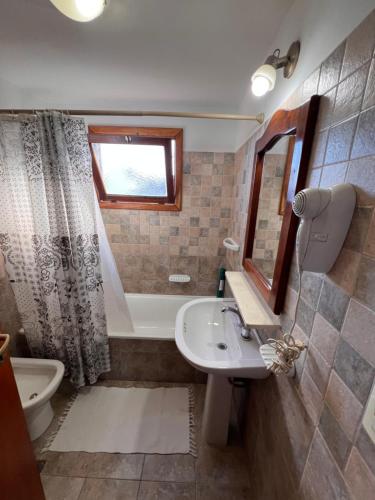 La salle de bains est pourvue d'un lavabo, de toilettes et d'un miroir. dans l'établissement Bandurria, à Esquel