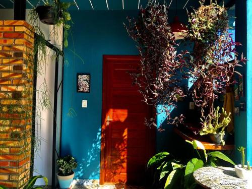 a blue room with a red door and plants at Casa completa próxima a Ouro Preto! Amarantina in Ouro Preto