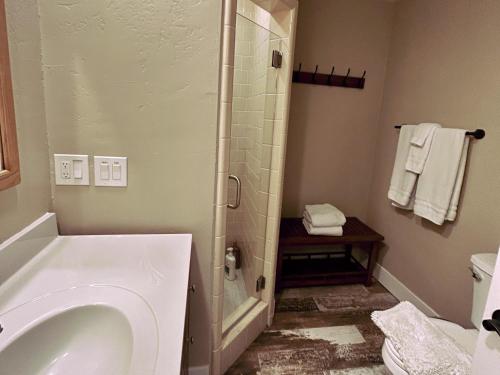 a bathroom with a toilet and a shower and a sink at The Rellik House in Central Point