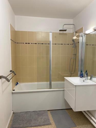 a bathroom with a tub and a shower and a sink at Appartement proche centre Paris in Arcueil